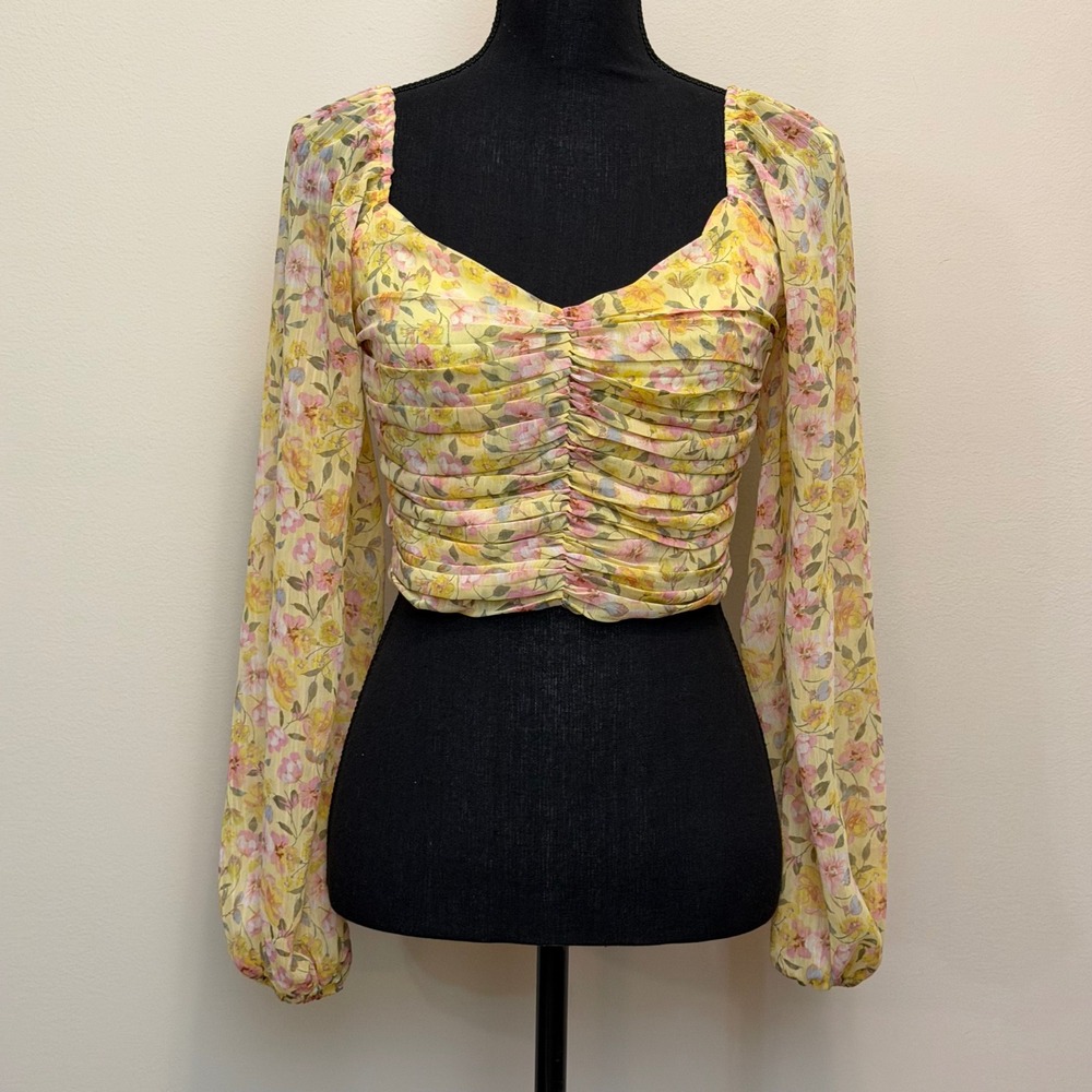 GB Women S Yellow Ditsy Floral Ruched Sweetheart Crop Top BalloonSleeve Coquette